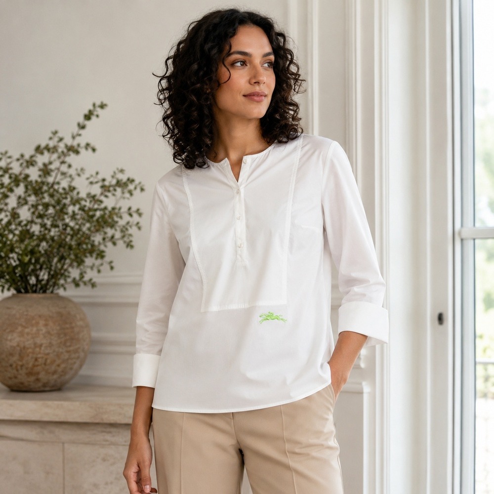 Longchamp Women's White Cotton Popover Blouse Green Logo Size 44